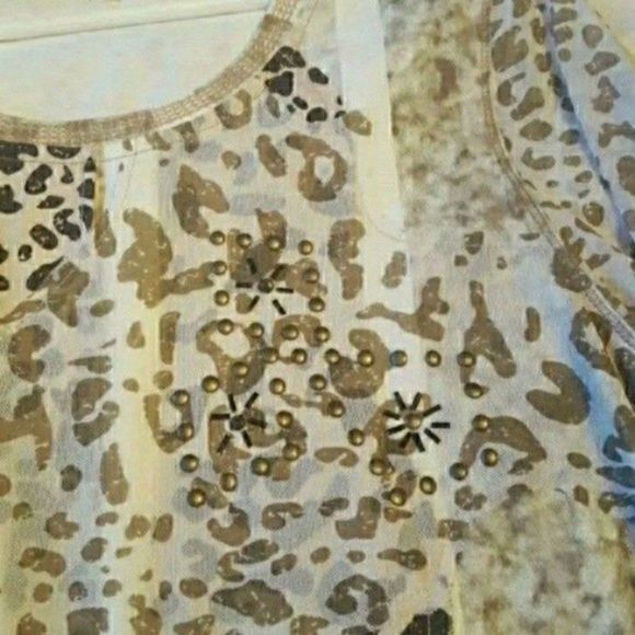 LEOPARD PRINT TOP KNIT 3/4 SLEEVE BEADED WHITE BEIGE L WOMENS LARGE NWT - Picture 6 of 7